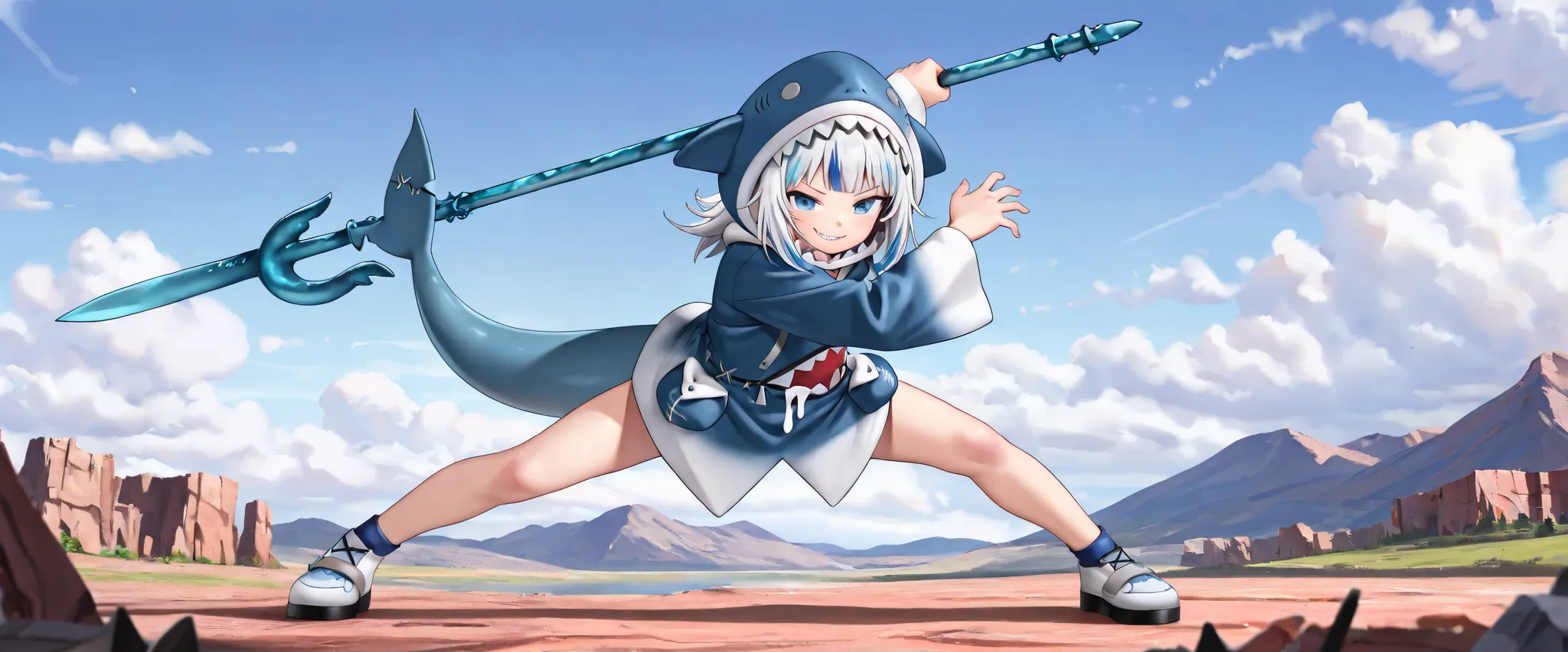 (masterpiece, best quality:1.4), 1girl, gawr gura, blue eyes, white hair, solo focus, virtual youtuber, medium hair, multicolored hair, streaked hair, epic pose, blue hair, cosplay, hood, good hands, , (detailed), (anime-style), (1girl), (solo), (full body...