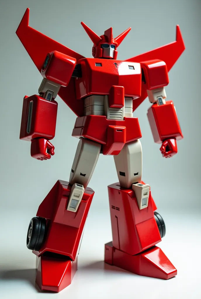 North American X-10-Transformer (1951). Its shiny red-white finish reflects sunlight and makes the transformer look like a mixture of elegant technology and destructive power. The wings are sharp and angular, laid on the back.