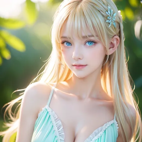 Focus on Your FACE, Crazy for love,   , Frilled Summer Dress,   very beautiful blonde nordic girl ,  Overwhelmingly beautiful,  beautiful shiny super long straight blonde silky hair、Blonde bangs above eyes 、 blonde hair above one eye 、Blonde hair between t...