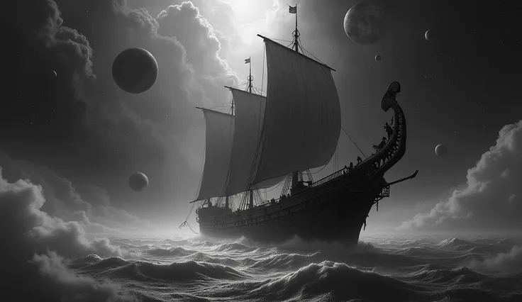 Dark tons, vector art of a greek ship. mitology, cosmos, surrealism, dark tons, black and white. 