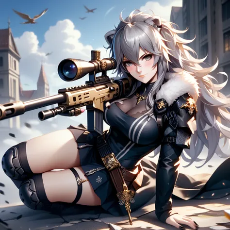 absurdres, highres, best quality,  Botan, black top, fur-trim, oionlion ears, messy hair, skirt, messy hair, grey eyes, grey hair, long hair, black nails, sharp nails, dynamic pose, sexy pose, seductively smile, blush, hands behind back,wearing tactical cl...