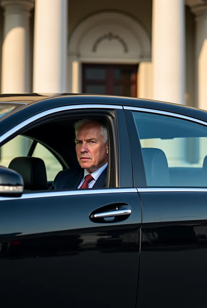 Generate Short man in 45 years how drive black Mercedes s class 2007 in front of Guvermant in Skopje 