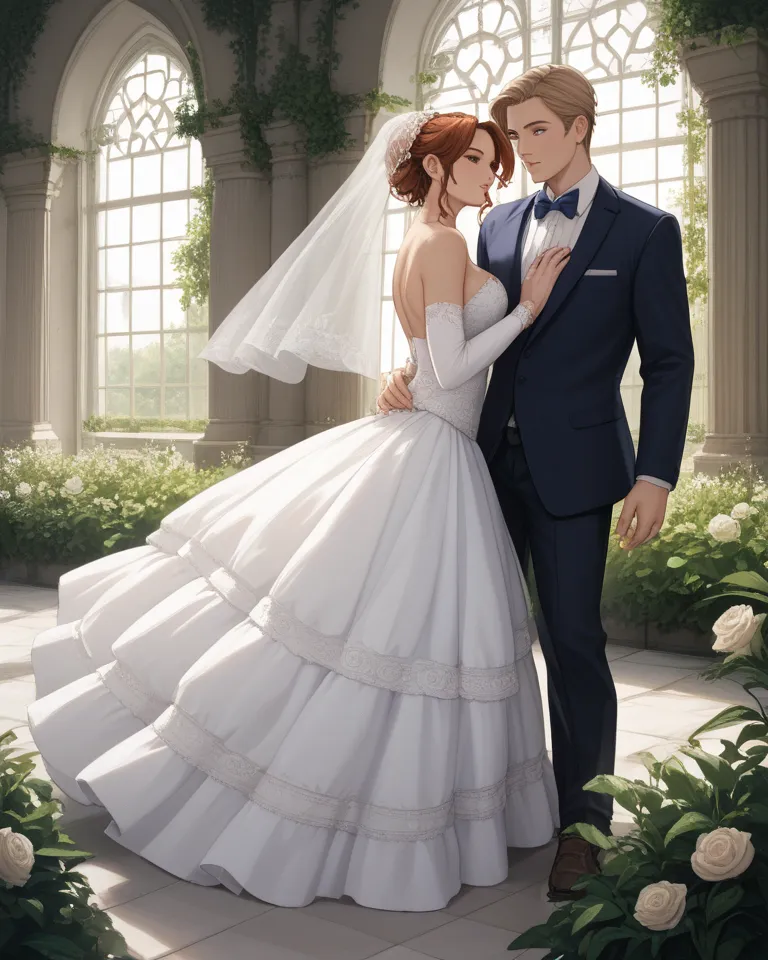 Elegant wedding dress with long sleeves, square neckline and round skirt