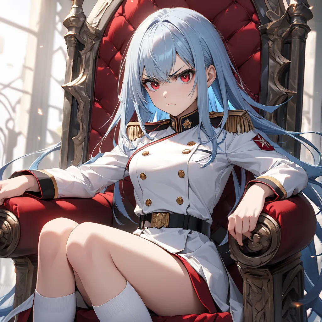 High resolution, high quality, HD, beautiful female, 1 female, beautiful, ager, serious, angry, medium breasts, straight light blue hair, red colored eyes, white military uniform, knee high socks, sitting on a throne