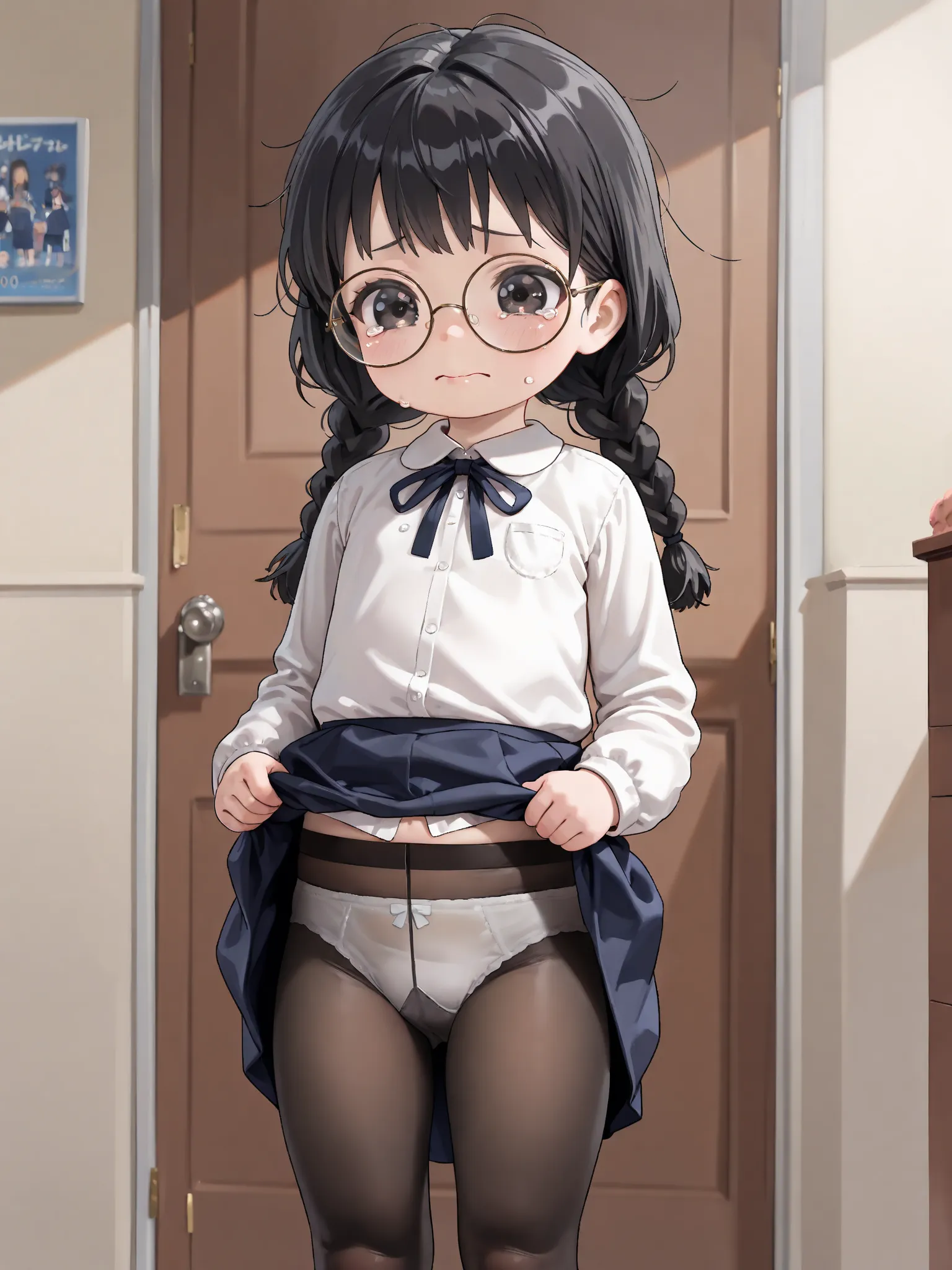 She wears round glasses and sings the Hallway Opera, high school girl, uniform,   black hair,  braids, small breasts,  troubled face, Tears,  blanking, skirt lift, white panties, black pantyhose, panties under pantyhose, (, toddler, Petite, , Short stature...