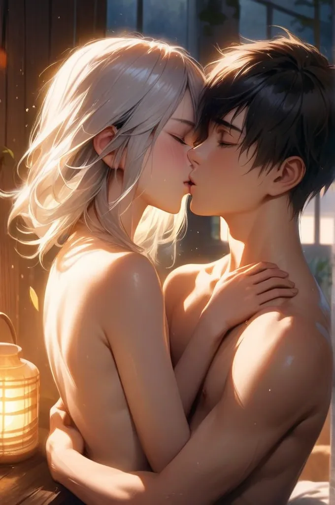 A 16-year-old age boy with white hair, naked and shirtless, kisses a 16-year-old age boy with black hair, naked and shirtless. A realistic masterpiece."