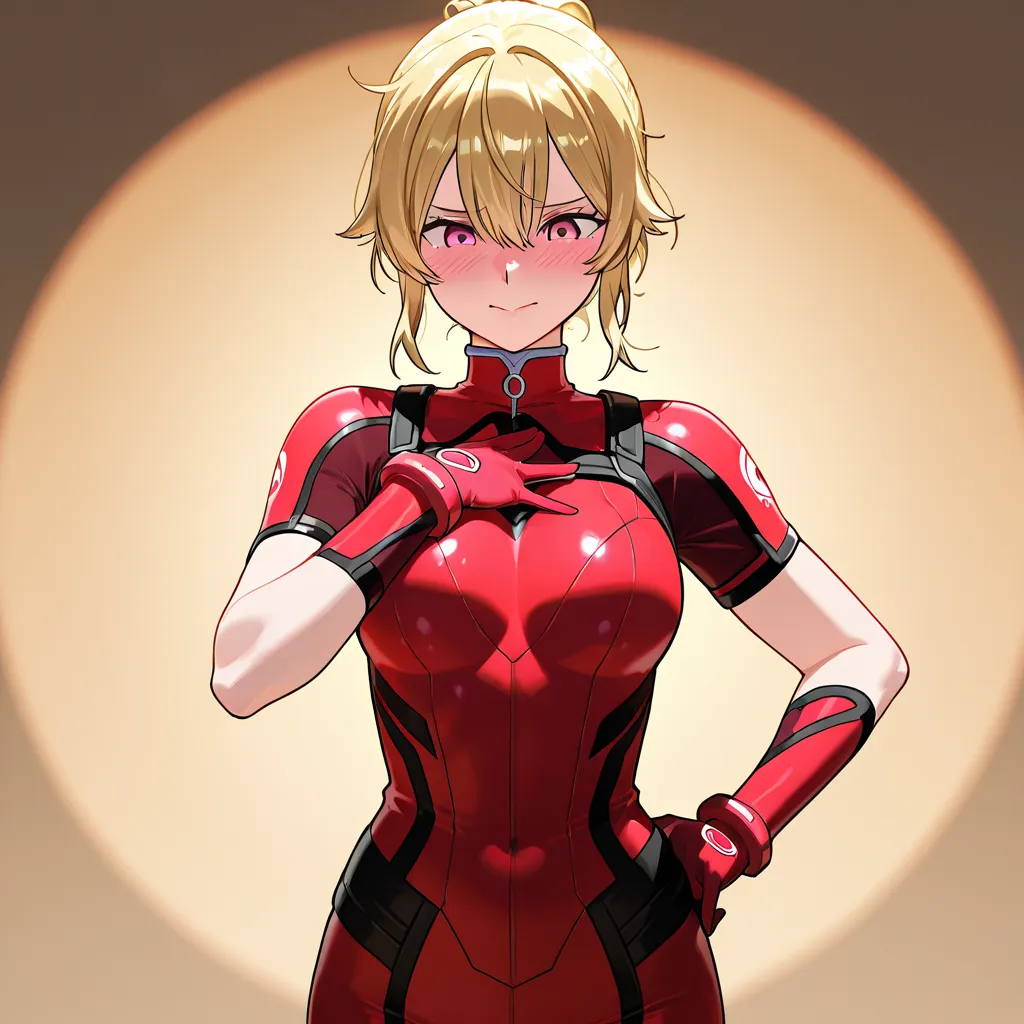 Blonde Hair, Pink Eyes, Breasts, Solo, Short Hair, Hero, Bodysuit, Armor Plating, Red Clothes, Blush, Looking Down, Shy Smile