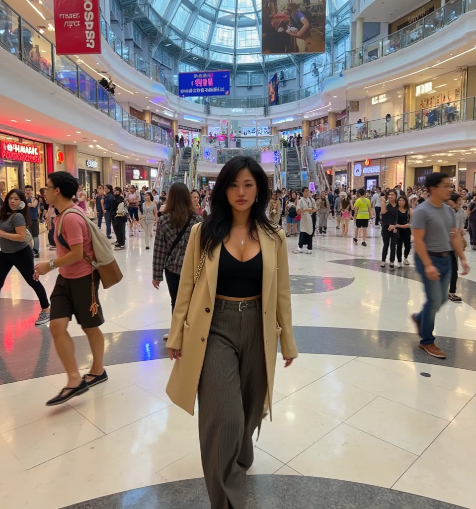 Pretty young woman with black hair slim shopping mall
