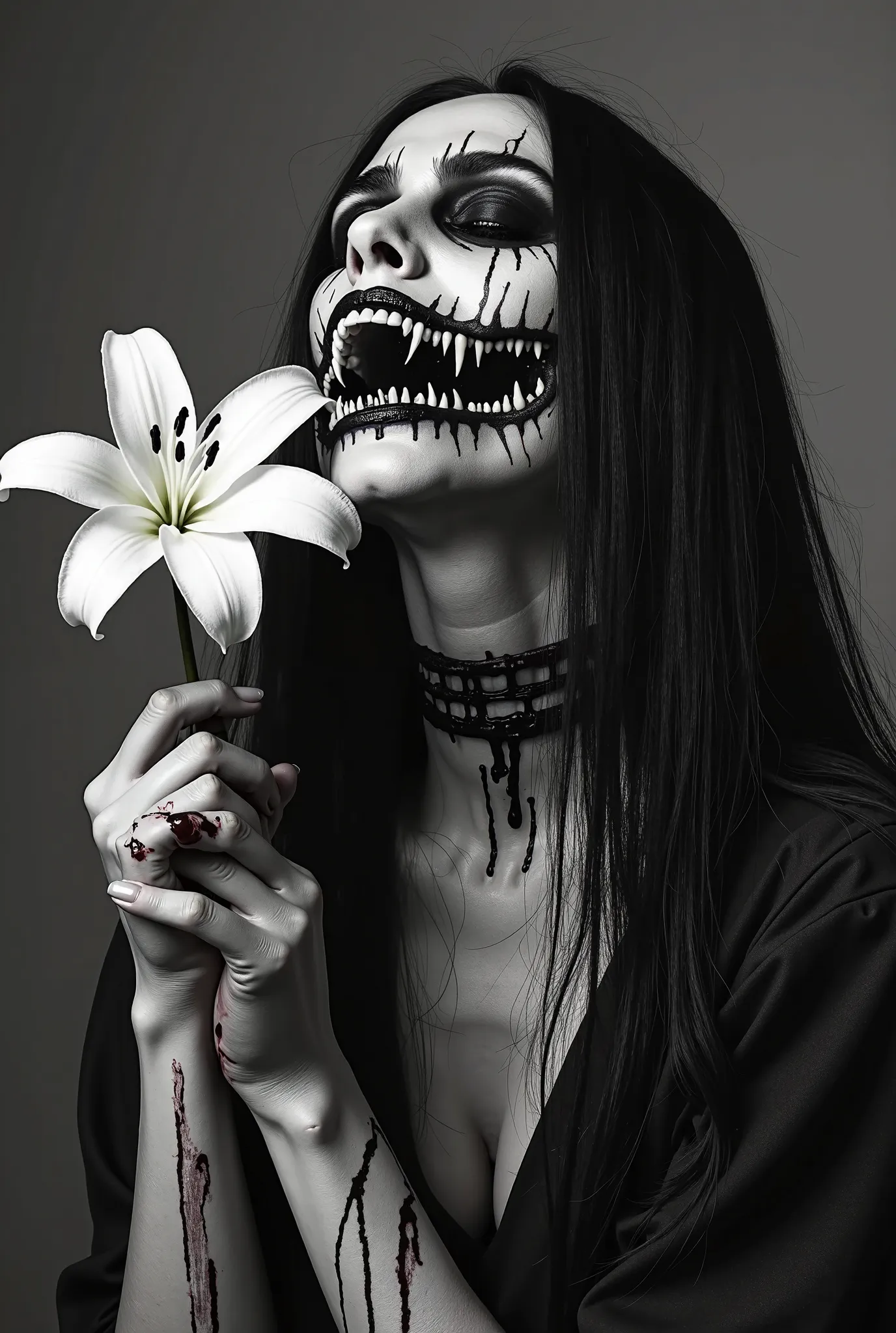 A hyper-realistic black-and-white high-definition photographic portrait of an intense black metal woman with long, flowing black hair. Her pale skin contrasts with her black metal  paint: deep black paint surrounds her eyes, extending in jagged streaks dow...