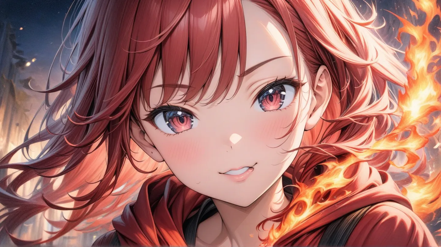 (( style:Colored pencil,Light color)),(anime)、(masterpiece:1.2), atmospheric perspective , lens flare、Princess of Flame、 Otherworldly Fantasy 、cute、Flames swirl around、Red costume with the image of a flame、Light effects、Fire effect、 Slanted Eyes 、mischievo...