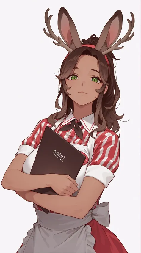 Jackalope girl, waitress, red and white waitress uniform, wavy dark brown hair, green eyes, looking at viewer, sexy, holding menu folder between arms, half body, bunny ears, anters, source_anime