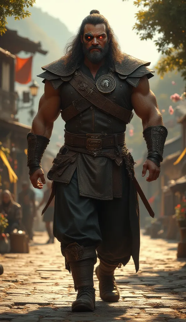 Here’s a detailed prompt for creating a visually stunning, hyper-realistic depiction of **General Shao** from *Mortal Kombat* in a casual, village setting, emphasizing his imposing yet grounded presence:

---

**Prompt:**  
"Hyper-realistic, 8K ultra-HD de...