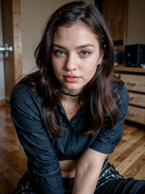 She is sitting in a square she is wearing a blue shirt and black pants ((better quality)), ((masterpiece)), ( detailed),  perfect face,   perfect body,Tune ,  so beautiful ,  White  ,  beautiful dark green eyes  , Pink lips  ,  on her face  , Baby face , k...