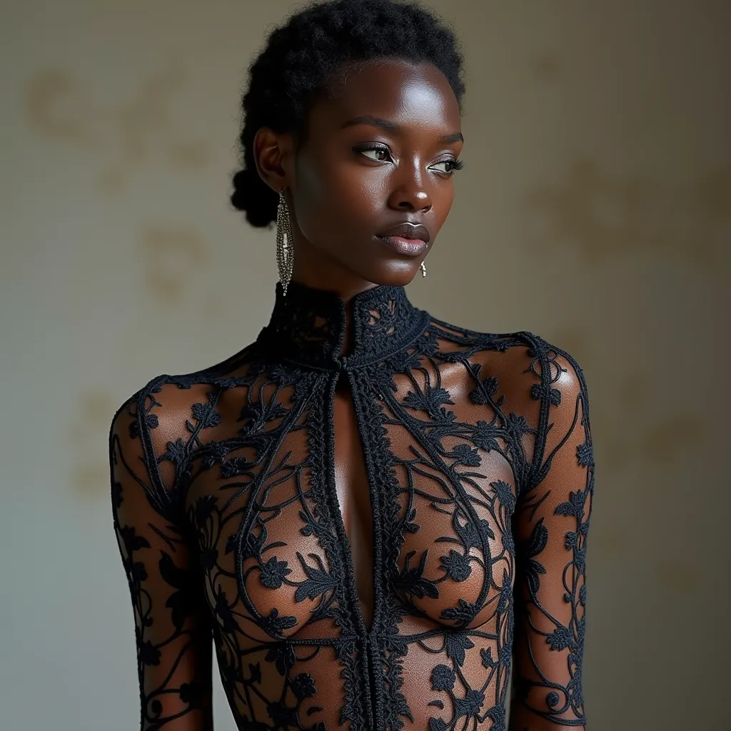 📸 What if fashion were not something you wear, but something that you are? Black-skinned models pose completely "dressed in" with fabric patterns printed directly on the skin, as if the body were shaped by living haute couture. Some images show slits openi...