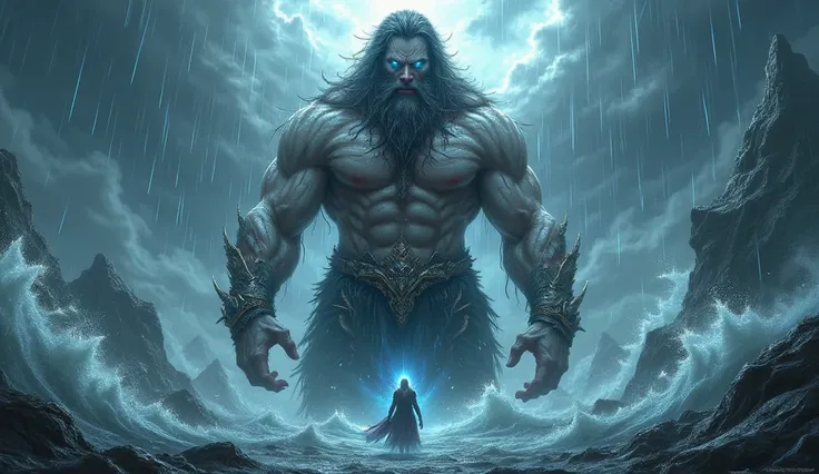 giant white skin light blue eyes black hair and beard and very muscular raining falling a flood 