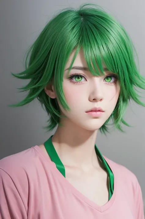 Draw a boy with a green hairstyle、pink eyes in anime style