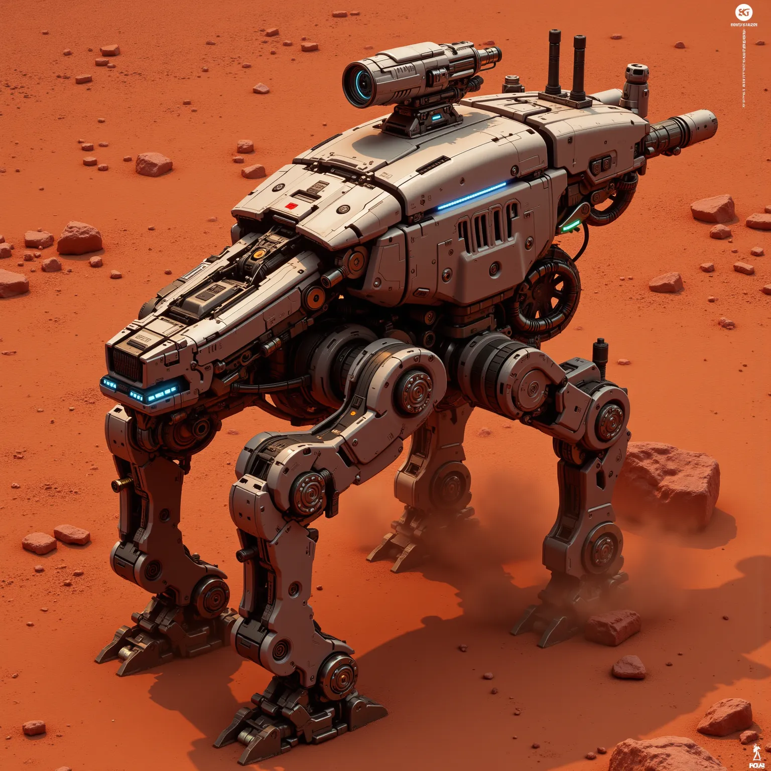 "Realistic, seen from above, Wanderer format,  red, sensors with a small turret and a long 120 mm gun turret on top of the walker, futurist. dusty due to the sandy terrain, reddish color, terreno Realistic com pedras e areia com coloração avermelhado o sol...