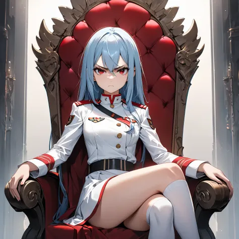 High resolution, high quality, HD, beautiful female, 1 female, beautiful, ager, serious, angry, medium breasts, straight light blue hair, red colored eyes, white military uniform, knee high socks, sitting on a throne