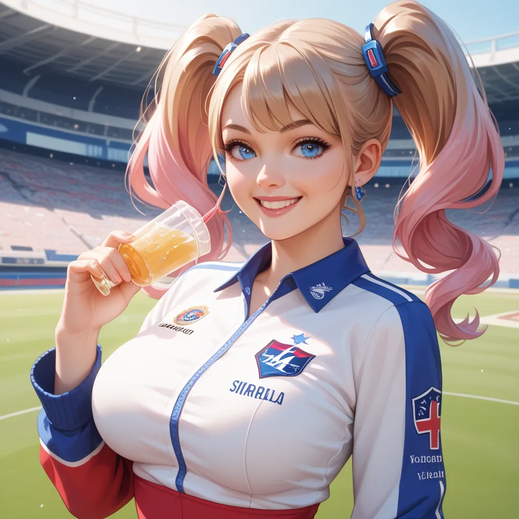 beautiful girls with long hair, light eyes, big breasts and extra large, dressed in the shirt of the National Athletic Club of Medellin de Colombia and short slippers of Atlético Real Madrid. in a beautiful stadium. smile, blue eyes, brown hair, blond hair...