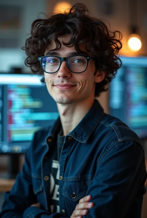 A young man with curly dark hair, wearing glasses, standing confidently in a modern tech workspace. He is tall and has a focused expression, reflecting his passion for technology. The background features a computer setup with lines of code on the screen, r...