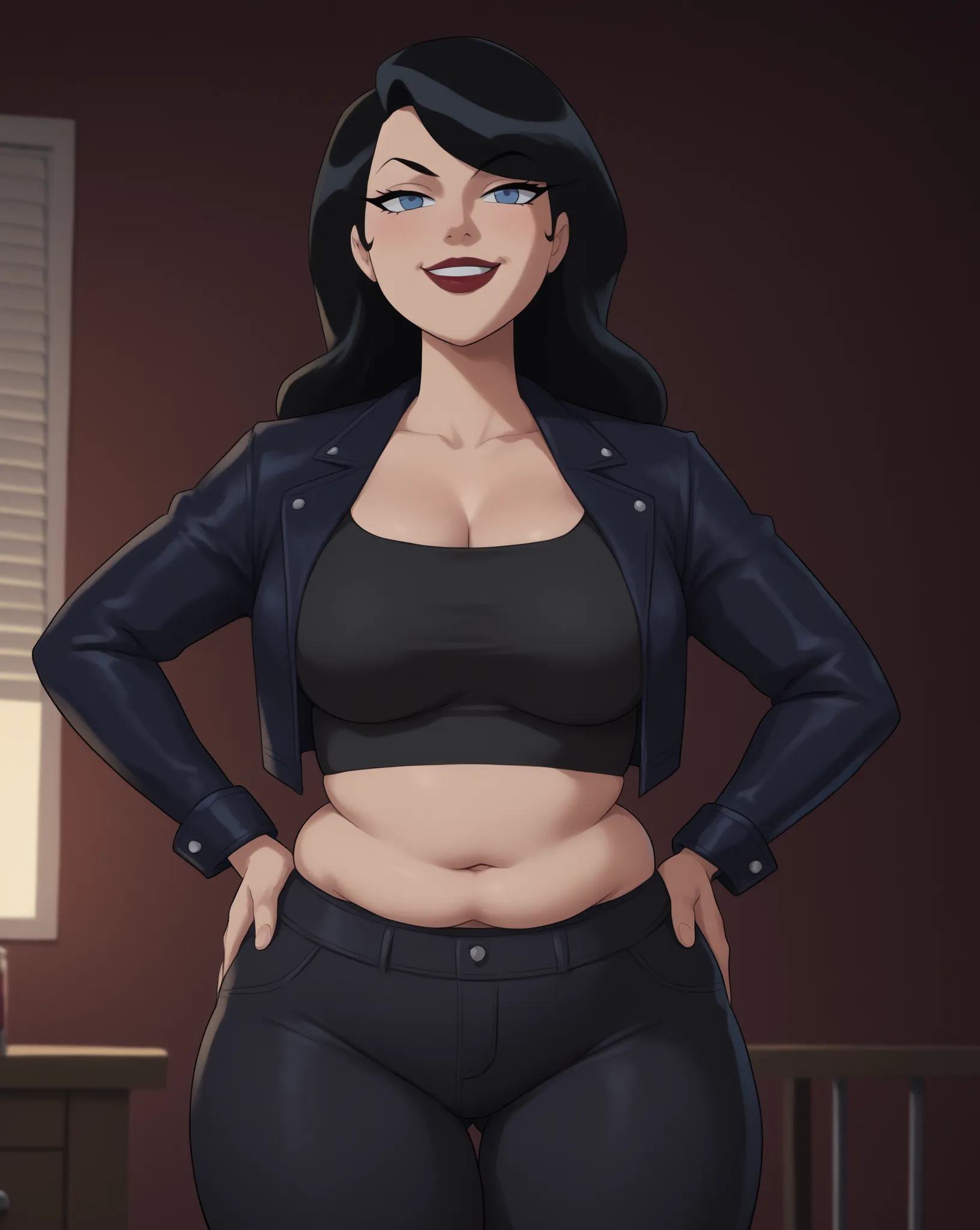 PonyXLV6_ ROMPE scores ((parody) perfect anatomy(clothes that fit your big, fat body size), Perfect Eyes, cowboy shot), BREAK zatanna zatara (big fat body), long hair, black hair, Mujer  of footl oscura, blue eyes, lipstick, courtship,  Raised eyebrow, ((L...