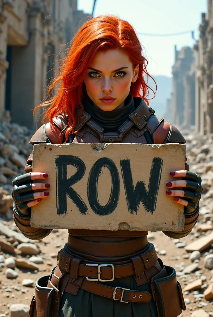 Red haired female apolyptic warrior holding board that says Row