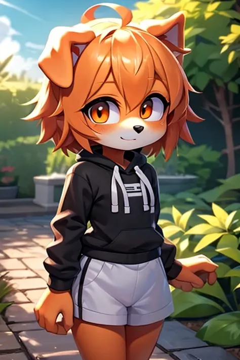 Cute orange dog girl, bright hair, orange eyes, detailed body, plain clothes, garden background, high quality, a masterpiece 