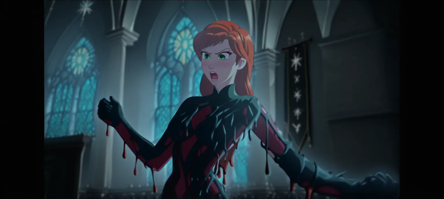 Frozen Anna angry rage ripping the red liquid latex symbiote body suit , female, , red hair, long hair, 1girl, symbiote tendrils , cartoon , red hair, green eyes , slim body shape, sexy female body, without clothes, woman sexy, church tower background , wo...