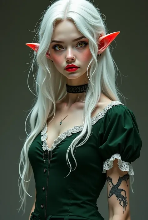 Generate an image of a woman with long white hair, with pale skin, and amber eyes, her mouth in a strong red and containing small freckles.
In your outfit itself, a dark green dress, with a thin layer of lace on top of white.with pointed ears 
Aged around ...