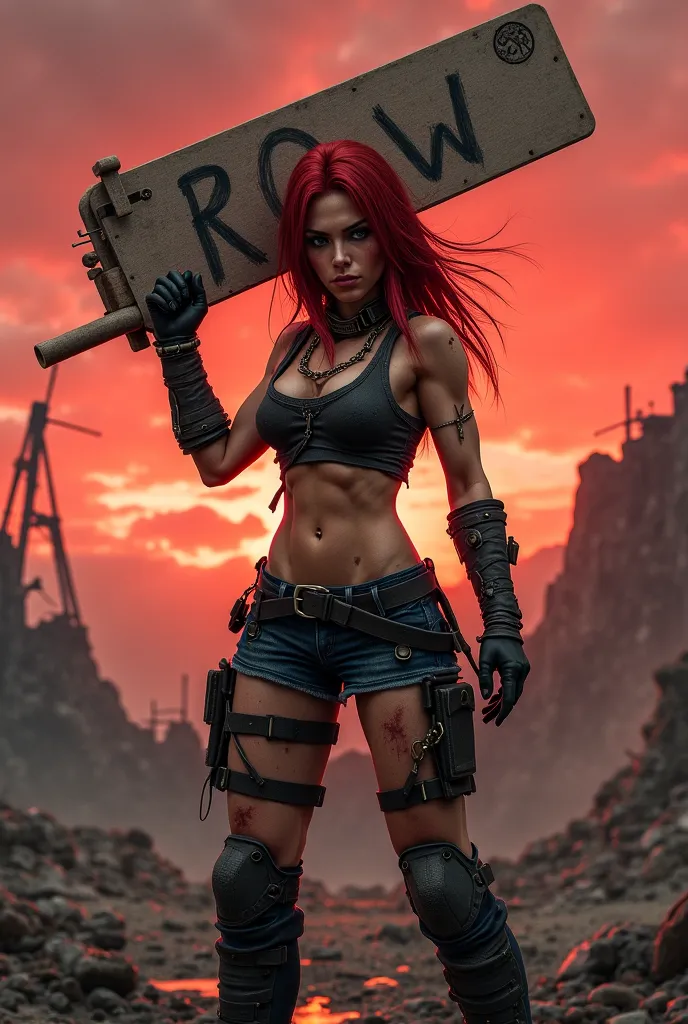 Dark Red haired female apolyptic warrior holding board that says Row