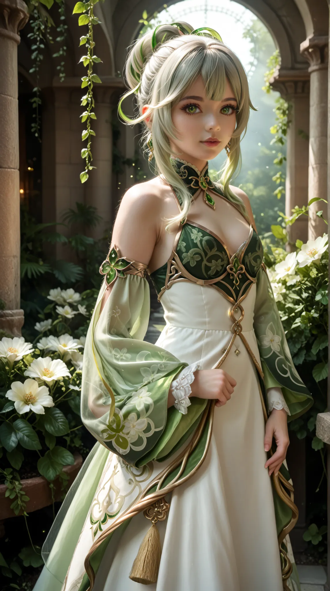 Loli Nahida from genshin impact, original clothes Nahida,detailed portrait of Nahida from genshin impact, beautiful woman with pale skin, long light green hair, elegant facial features, serene expression, intricate ornamental clothing, traditional chinese-...