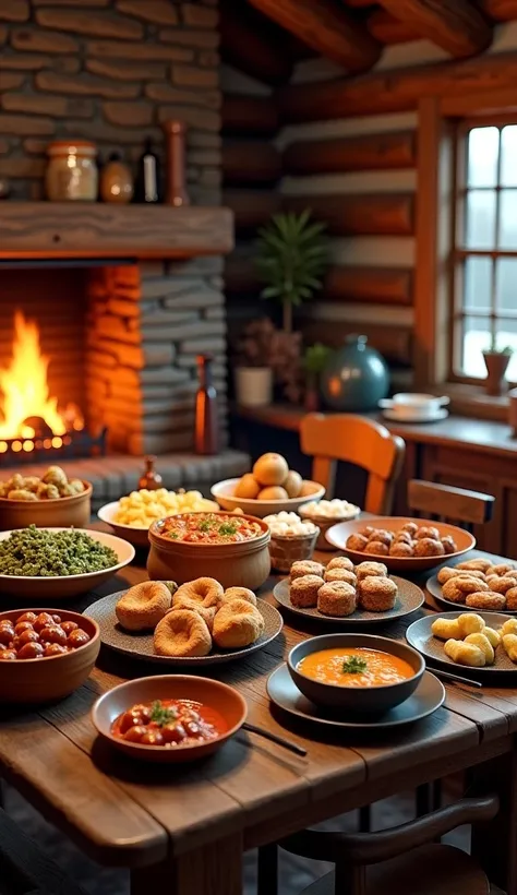 There are a lot of dishes on the table with a warm fireplace in the log house