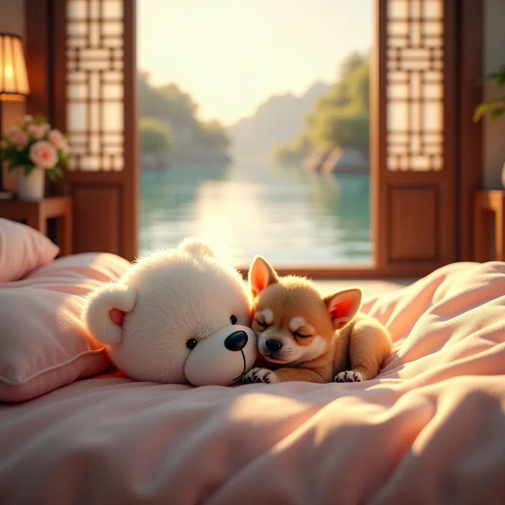 A cute Chihuahua puppy is sleeping on the bed, next to the cute little white teddy bear in front of an open window.Outside the window is a gently rippling lake shore that has depth and looks romantic, with Japanese-style furniture and dim lighting outside....