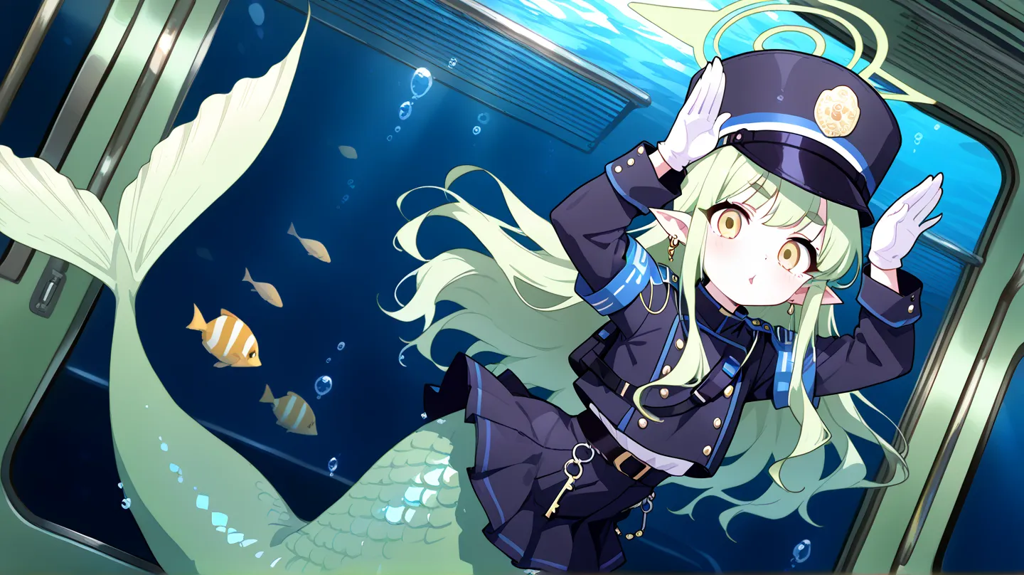 1girl, hikari_\(blue archive\),yellow eyes,green hair,long hair,earring,pointy ears,halo,jacket,skirt,arm band,white gloves,peaked cap, dynamic pose, ((mermaid, light green tail)), wide eyes, chestnut lips, swimming, swims towards viewer, swims front, rabb...