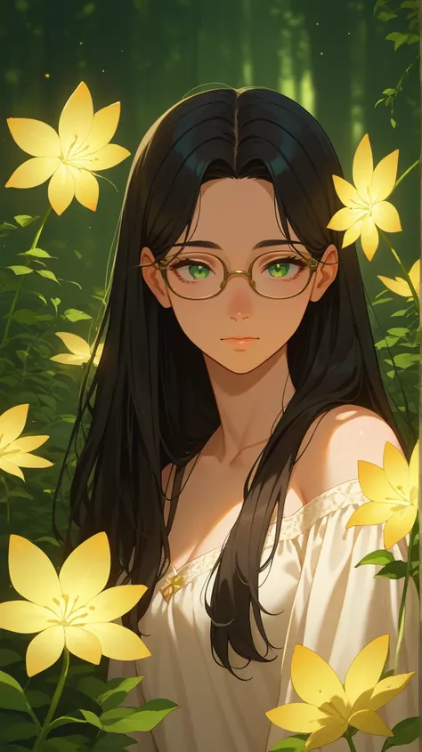  Woman. green eyes. black-haired girl. long hair.  straight hair.  fair skin. glasses.