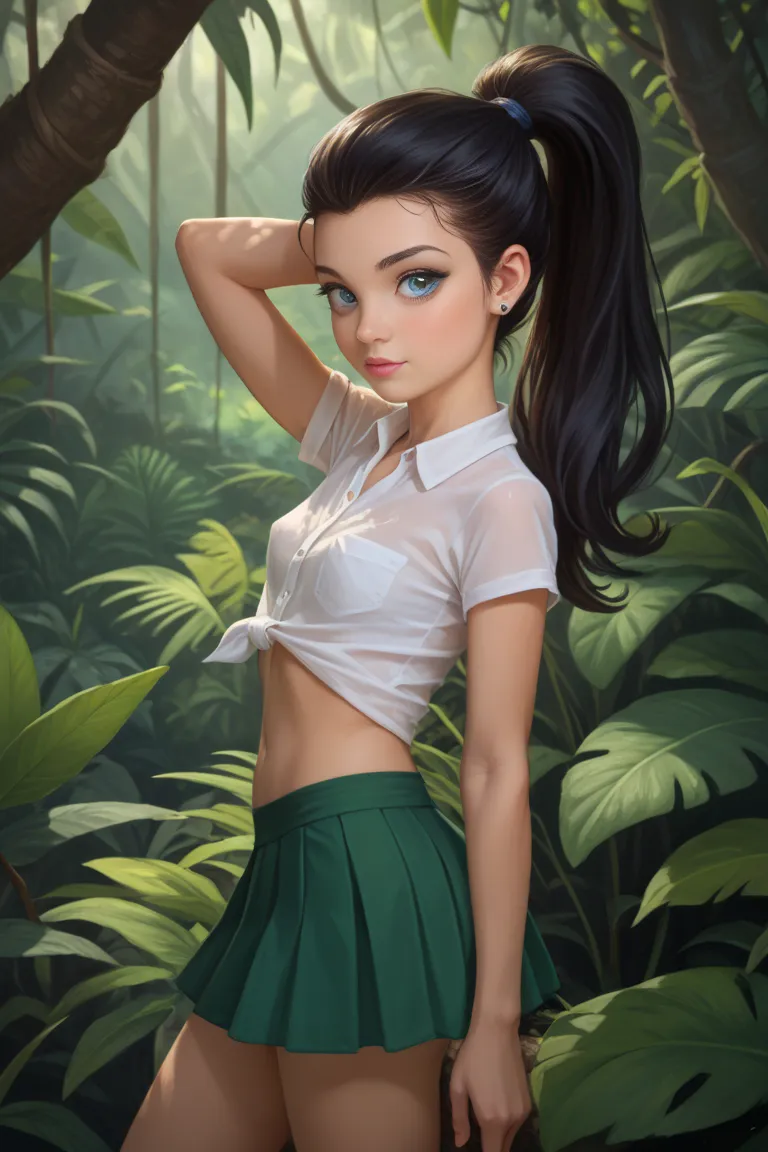  blue eyes, black hair, sexy face, presenting, hair ponytail, skinny, small breast,  skirt, shirt, Jungle,