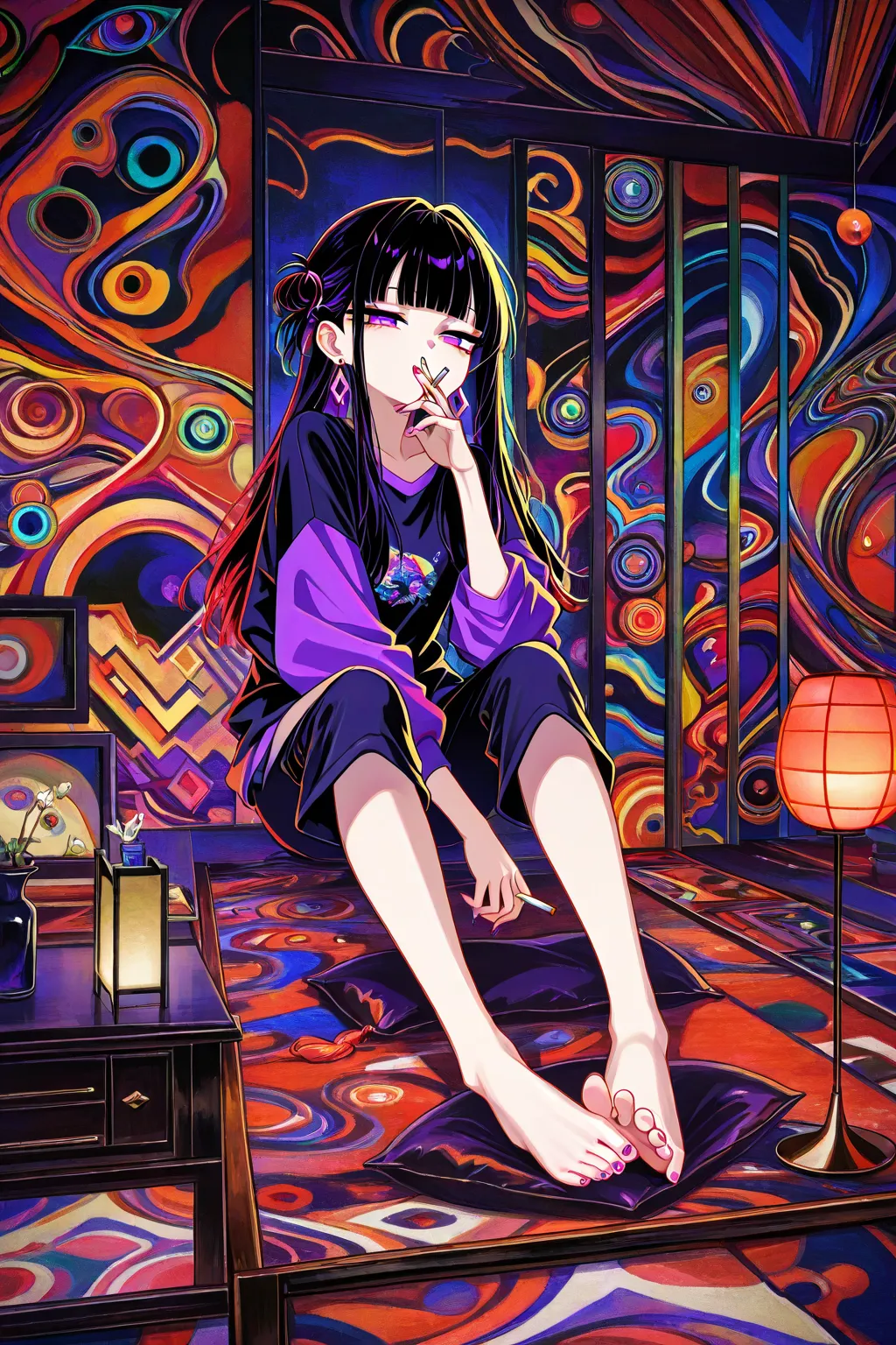  flat color, gyaru, cool beauty, black hair, slender body, half-closed eyes, rest, japan exotic fashion, neon motif room, feet out of frame, smoking, cigarette, geometric movie poster, abstract  art,