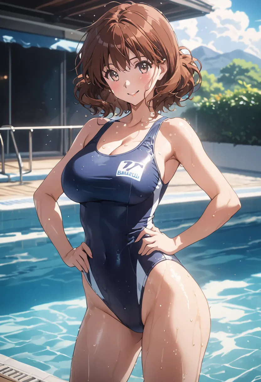 masterpiece, Best Quality, High resolution,16k,official art,super detailed skin,detailed,animated painting, (Oumae Kumiko),1990s \(style\),School Swimsuit、(E-cup beautiful breasts)、clevage, (tall:1.2),height: 170cm,Fashion model body type、Sweating all over...