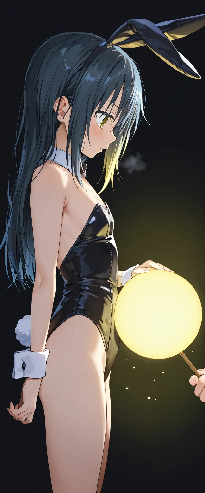 solo, solo focused, detailed, petite, black hair, blunt hair, 2 girls, rimuru tempest, black bunny costume, black background, yellow light from top to bottom,