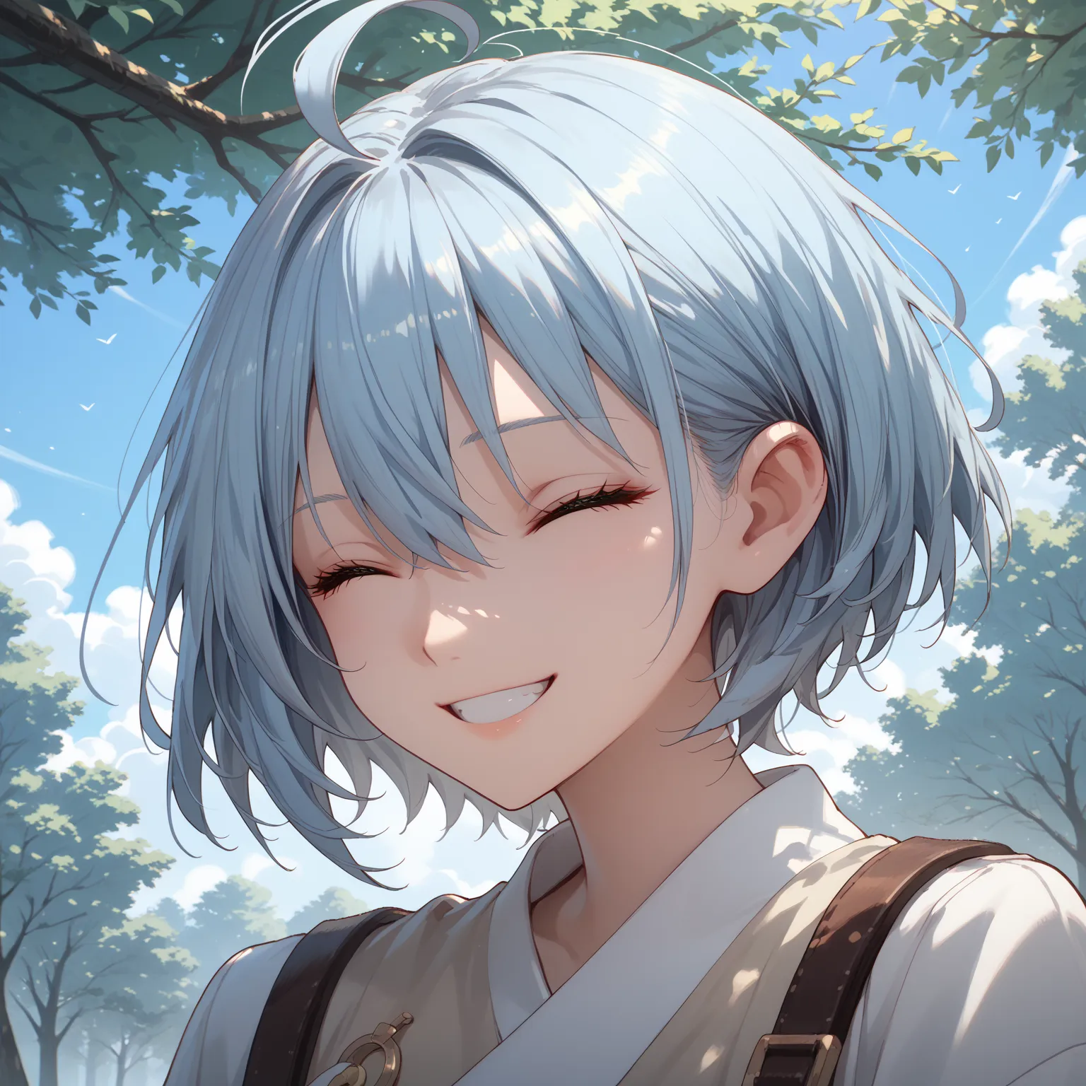 1girl, light blue hair, short hair, ahoge, twin blades, hard band, hair between eyes, smile, closed eyes, face up, clear sky, tree, outdoor, masterpiece, best quality, ultra-detailed, high resolution, 8K