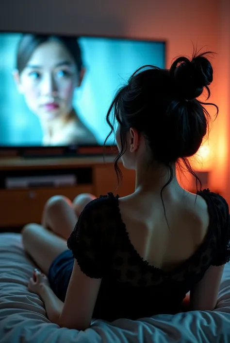 Create the image of a wavy black-haired white woman in a messy bun, green eyes, She is wearing a set of shorts and black lace silk t-shirt, lying on a comfortable bed, watching movie on a large television in front of the bed, night atmosphere 