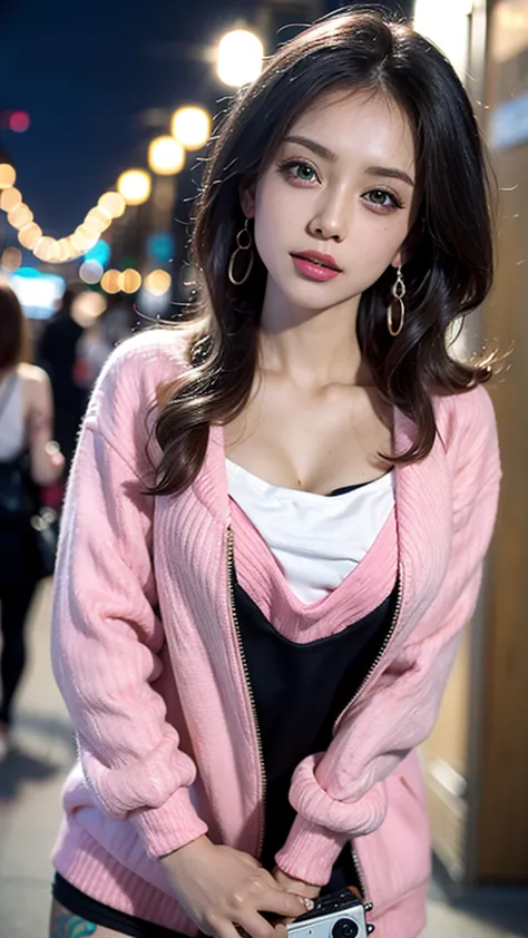 (masterpiece:1.3, Photorealistic:1.5, 32K, Highest quality, masterpiece, Ultra High Definition), perfect dynamic composition, Professional Camera Work,  movie lights, ( Midnight:1.0), Dense city background, Detailed skin and facial textures:1.3, cute and s...