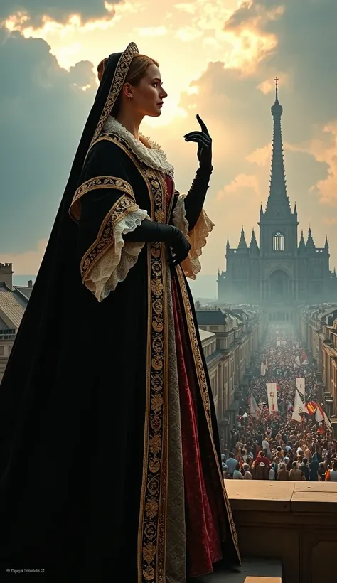 "A hyper-realistic, cinematic painting of Catherine de' Medici standing tall on a grand stone balcony overlooking the city of Paris, fully dressed in historically accurate 16th-century royal attire. She wears an elegant black and gold Renaissance gown with...