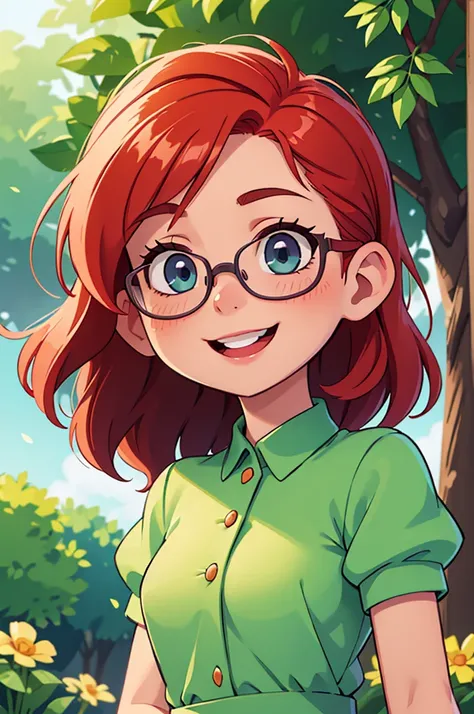 redhead, glasses, white skin, laughing, cute actitude, green dress, red hair 