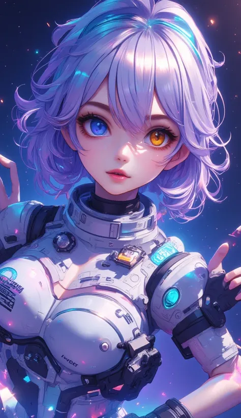  fantasy anime Close-up of the best masterpiece :1.5)0.9], (Space and astronauts:1.2) (Loose silver hair:1.1) ( heterochromia: xanthochromia and blue eyes:1.2) (Space helmet:1.0) ( Colored stars in the eyes:1.0) (Shining light:1.1) (full lips:0.9)
