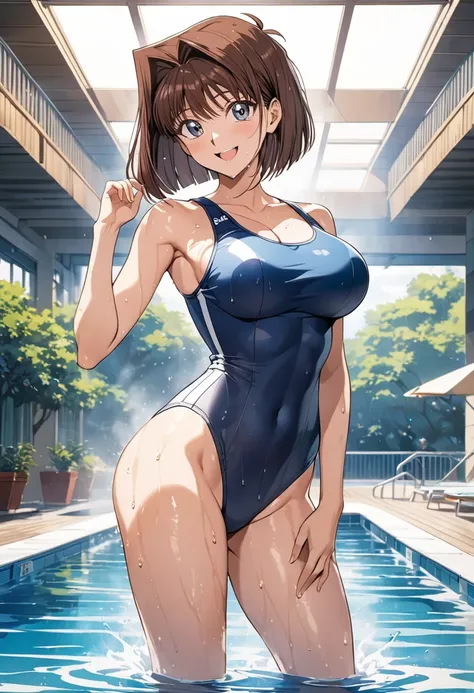 masterpiece, Best Quality, High resolution,16k,official art,super detailed skin,detailed,animated painting, (Mazaki Anzu),1990s \(style\),School Swimsuit、(E-cup beautiful breasts)、clevage, (tall:1.2),height: 170cm,Fashion model body type、Sweating all over ...