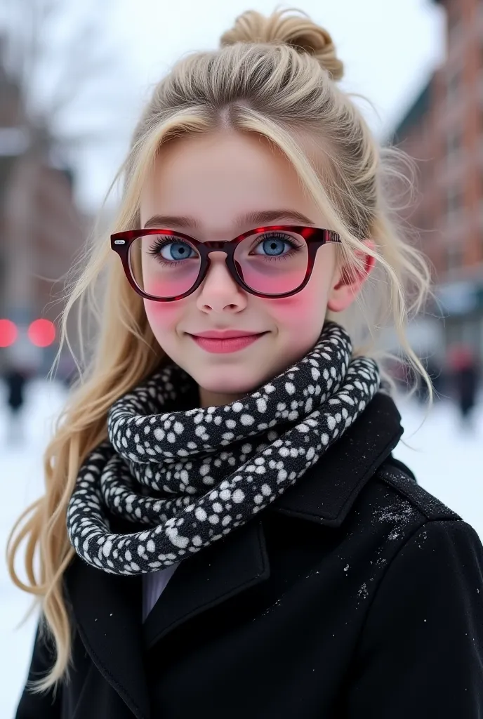 blue eyes,  Rose-colored glasses , pink lenses with glasses, nice smile, long blond hair gathered in a sloppy hairstyle, a warm winter scarf in black, white and silver colors is casually tied, there is snow around and the city.  The girl is wearing a black...