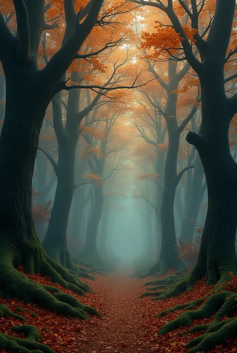 Create a forest with orange tones, It's very dark the forest, an ideal place for a fox, you don't have to put a fox in the image