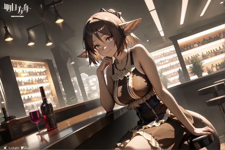 female,(((alone)))fox tail。looking at viewer, brown dress,,((Perfumer)),((Perfumer_\(arknights\))), Perfumer_\(arknights\)。tiny boobs。
,( beautiful eyes:1.5),smile,,Photorealistic Background,Bar counter, is sitting, best quality, amazing quality, very aest...