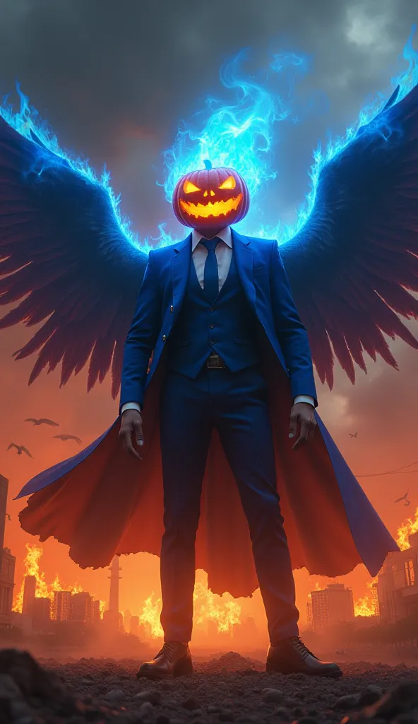 It creates a scene that looks like they are taking control of the city. His head is in the shape of a pumpkin,, The design makes you feel the energy of the flames while blowing in the wind. blue flames wrap around his head,, It's a luxurious suit that fits...